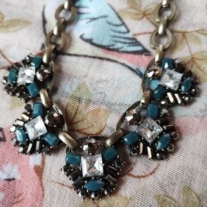 LOFT Emerald Cut Square Rhinestone Creamy Teal Opaque Necklace Antiqued Brass